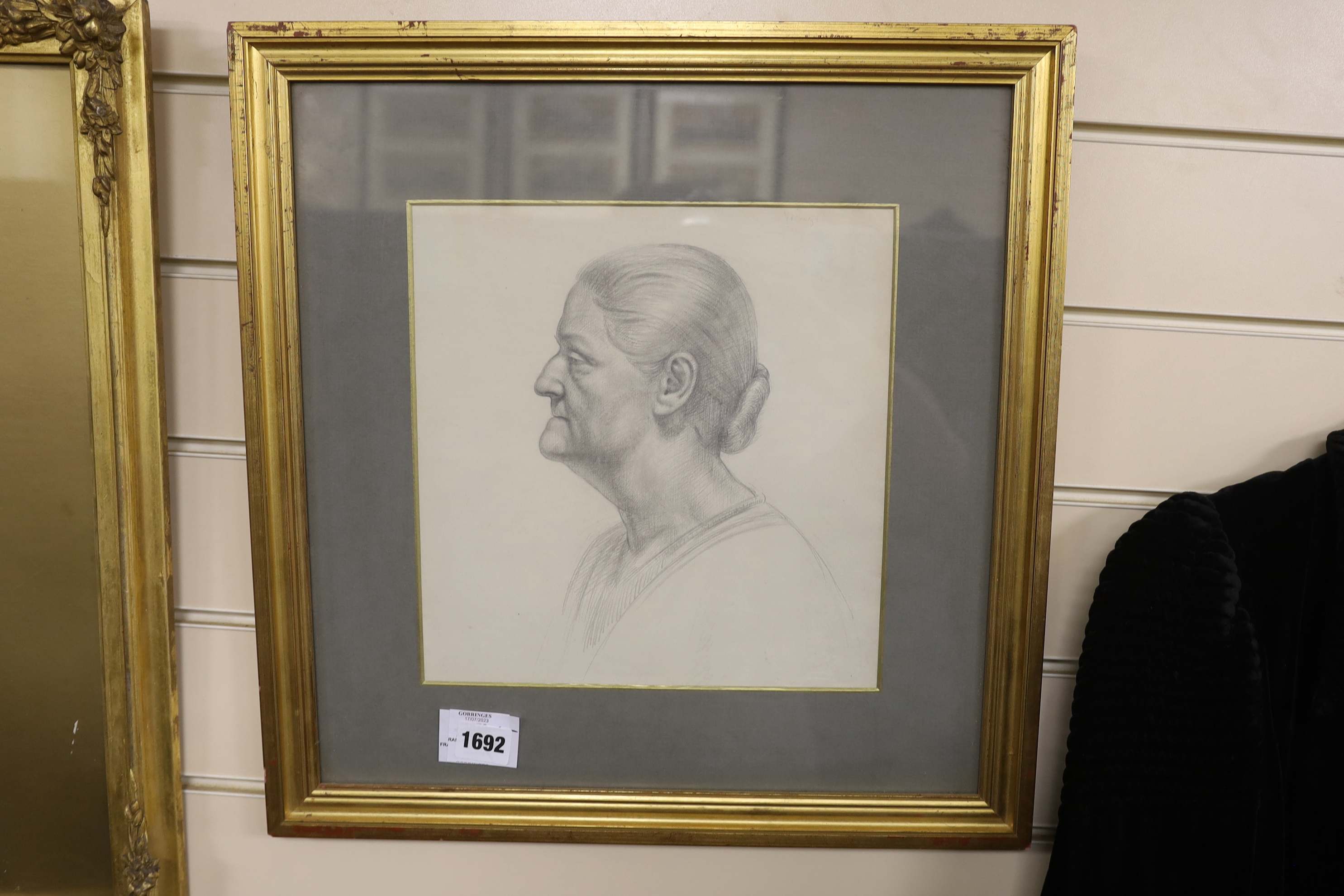 Attributed to Frances Dodd (1874-1949), pencil drawing, Portrait of an old woman, inscribed Vicagi, 26 x 25cm, and Christopher Saxton/William Kip, hand-coloured engraving, Map of Mongomery (sic), 28 x 33 cm